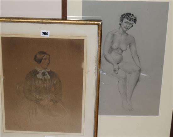 Victorian pencil and wash portrait of a lady, 45 x 30cm and a later nude study